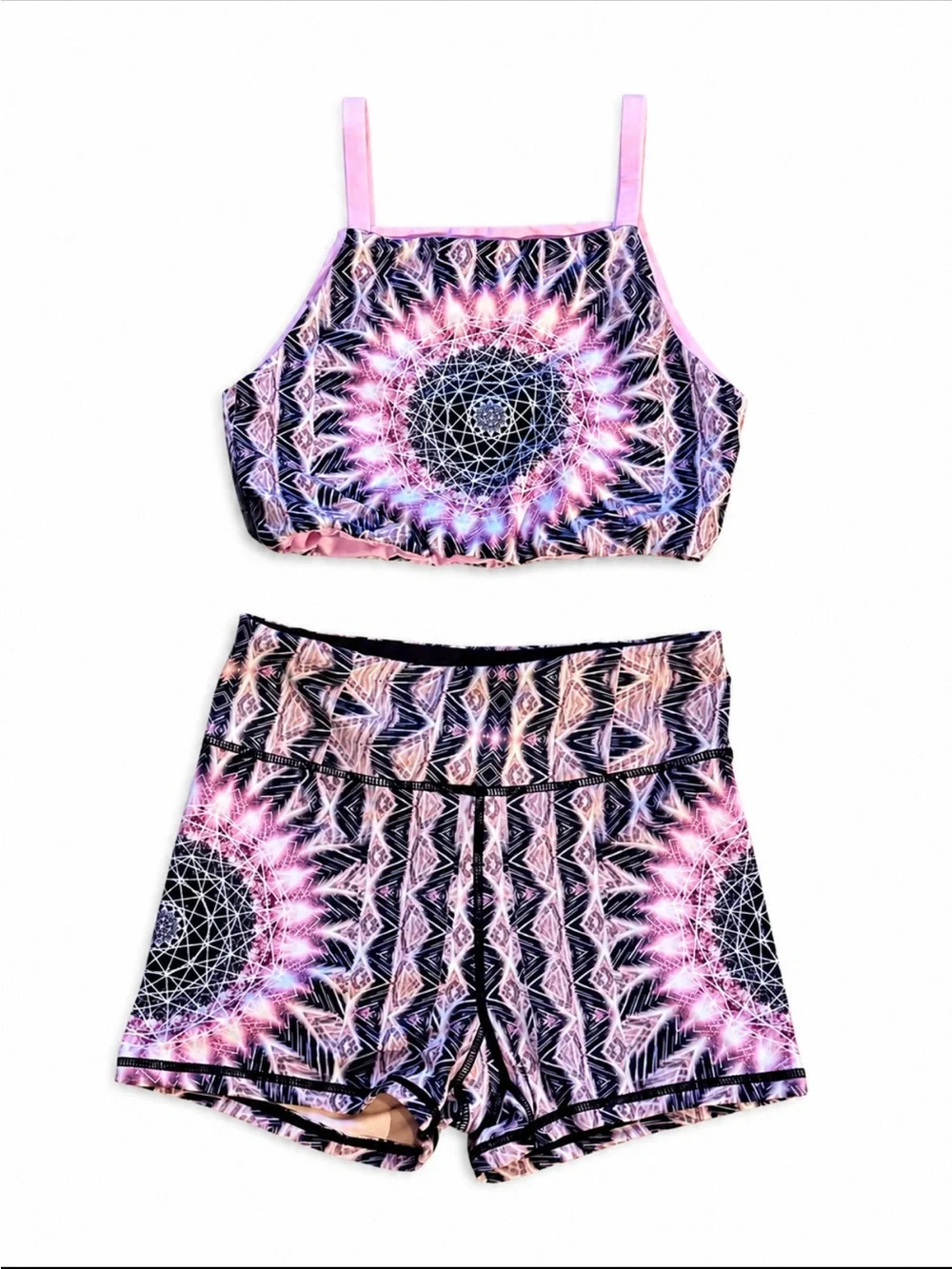 Wolven Pink & Black Geometric Print Athletic Set